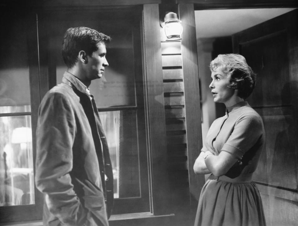 Norman Bates (Anthony Perkins) speaks with Bates Motel guest Marion Crane (Janet Leigh) outside her room in a scene from the classic 1960 Alfred Hitchcock thriller, Psycho. (Photo by �� John Springer Collection/CORBIS/Corbis via Getty Images)
