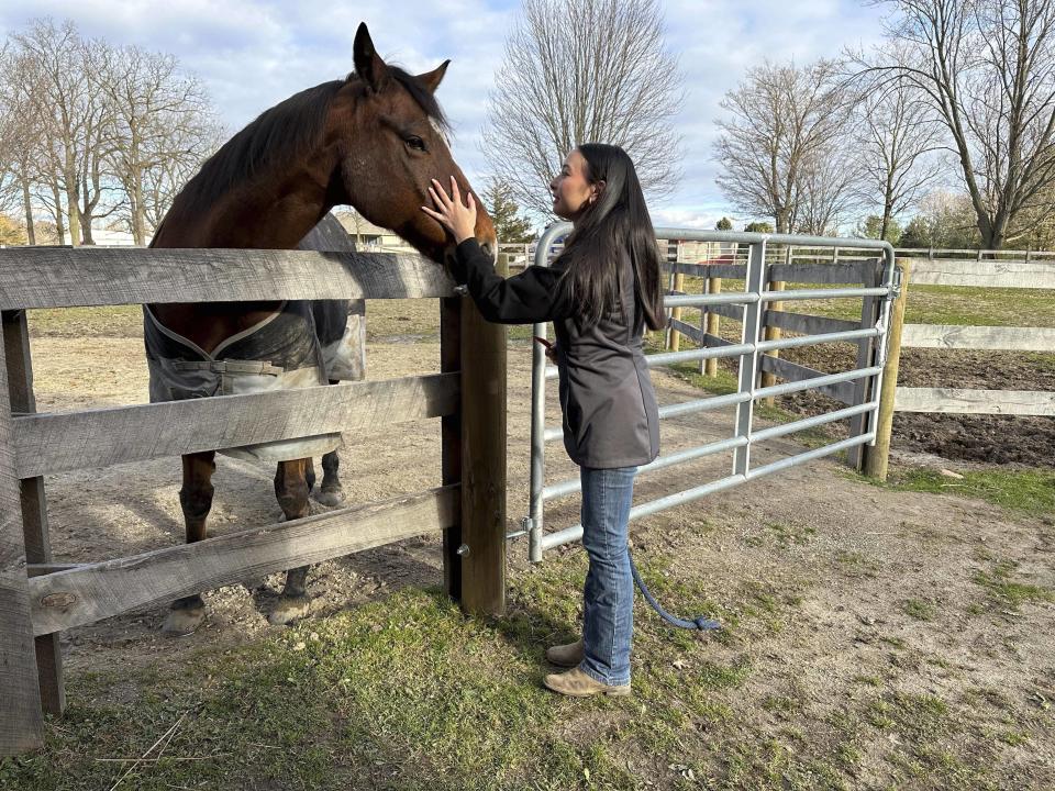 Kylie Ossege greets her horse, Blaze, at a boarding facility Saturday, Nov. 11, 2023, in Mayfield Township, Mich. Ossege was severely injured in a 2021 mass shooting at Oxford High School and says spending time with Blaze provides her with a measure of comfort. (AP Photo/Mike Householder)