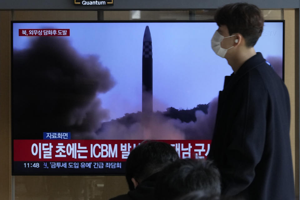 A TV screen shows a file image of North Korea's missile launch during a news program at the Seoul Railway Station in Seoul, South Korea, Thursday, Nov. 17, 2022. North Korea launched a ballistic missile toward its eastern waters on Thursday, South Korea's military said, hours after the North threatened to launch "fiercer" military responses to the U.S. bolstering its security commitment to its allies South Korea and Japan. (AP Photo/Ahn Young-joon)