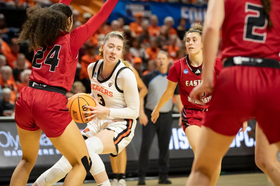 Oregon State guard Dominika Paurova looks for room to move as the Oregon State Beavers host Eastern Washington in the first round of the NCAA Tournament Friday, March 22, 2024, at Gill Coliseum in Corvallis, Ore.