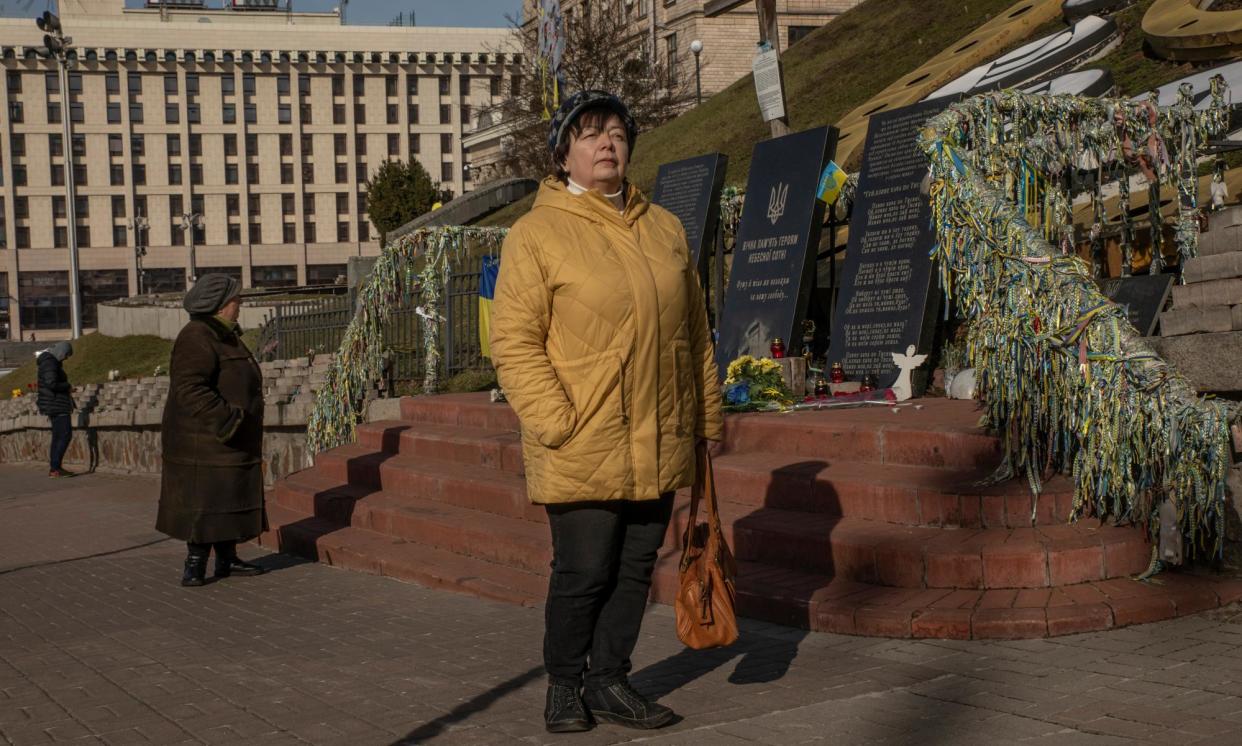 <span>‘He believed he had rights and that he could shape his own life’: Inna Plekhanova beside a memorial to those killed in 2014, including her son Oleksandr.</span><span>Photograph: Alessio Mamo/The Guardian</span>