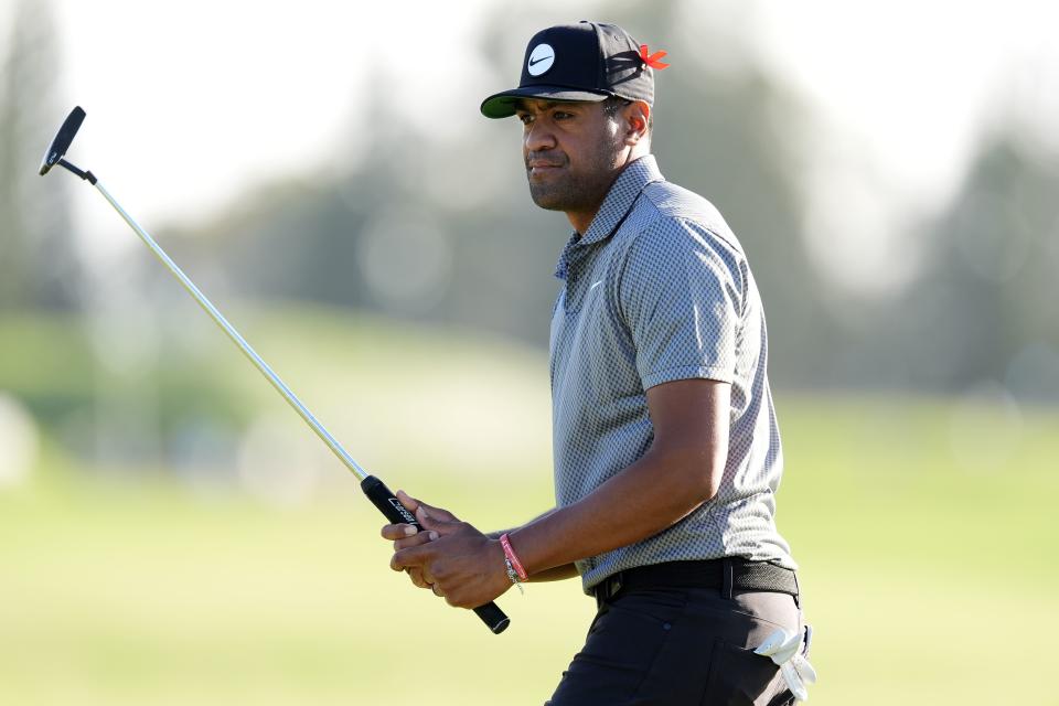 Tony Finau watches his shot on the second green during the third round of The Sentry golf event, Saturday, Jan. 6, 2024, at Kapalua Plantation Course in Kapalua, Hawaii. | Matt York, Associated Press