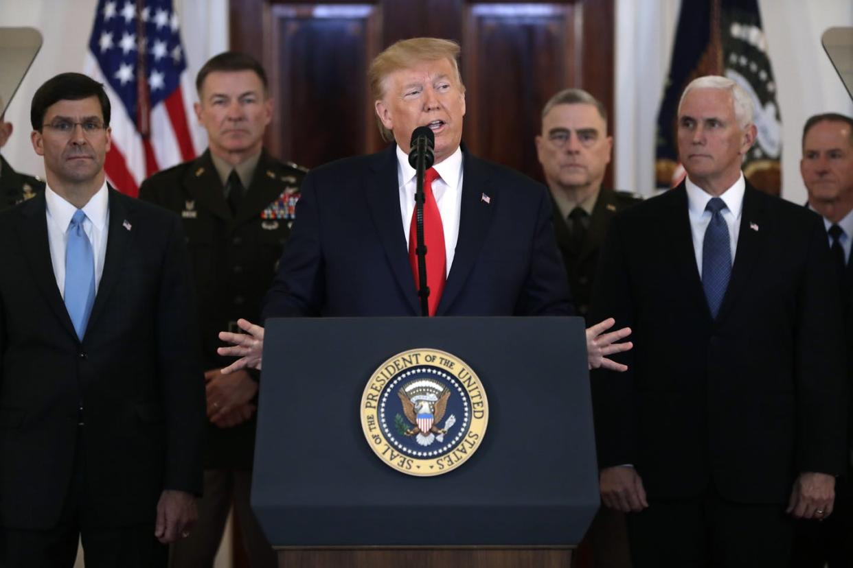 <span class="caption">President Donald Trump addresses the nation from the White House on Iran's ballistic missile strike against Iraqi air bases housing U.S. troops.</span> <span class="attribution"><a class="link " href="http://www.apimages.com/metadata/Index/APTOPIX-Trump-US-Iran/5f2e860a32154b9d8d2be2053ac534c0/100/0" rel="nofollow noopener" target="_blank" data-ylk="slk:AP Photo/ Evan Vucci;elm:context_link;itc:0;sec:content-canvas">AP Photo/ Evan Vucci</a></span>