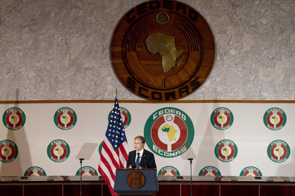 Secretary of State Antony Blinken gives a speech on U.S. Africa Policy at the Economic Community of West African States in Abuja, Nigeria, Friday, Nov. 19, 2021. Blinken is on a five day trip to Kenya, Nigeria, and Senegal. (AP Photo/Andrew Harnik, Pool)