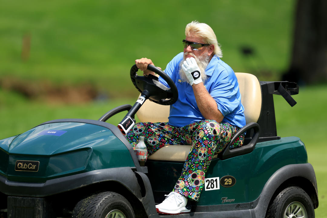 LOUISVILLE, KENTUCKY - MAY 16: John Daly of The United States drives to his third shot on the 16th hole during the first round of the 2024 PGA Championship at Valhalla Golf Club on May 16, 2024 in Louisville, Kentucky. (Photo by David Cannon/Getty Images)