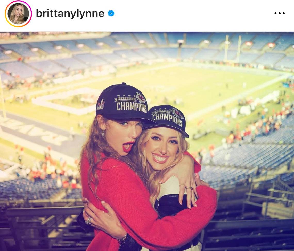 Taylor Swift and Brittany Mahomes in AFC Championship hats. Instagram screengrab/Brittany Mahomes