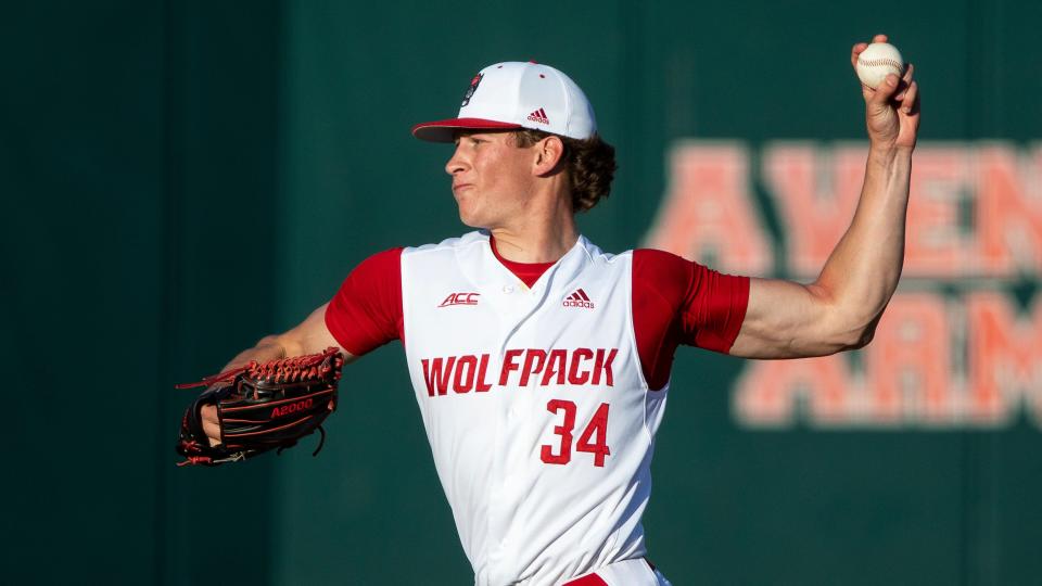 North Carolina State's Evan Justice (34) pitches during a game April 25 in Raleigh.