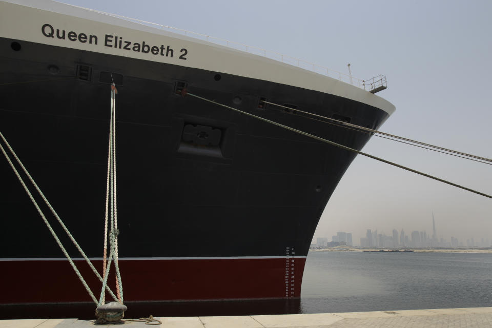 The Queen Elizabeth 2 is seen at dock as Istithmar World, the Dubai state investment company that owns the ship, outlined plans Monday to turn the retired cruise liner into a 300-room hotel, ending years of speculation about its fate, in Port Rashid, Dubai, United Arab Emirates, Monday, July 2, 2012. Britain's Queen Elizabeth II launched the QE2 in 1967. (AP Photo/Kamran Jebreili)