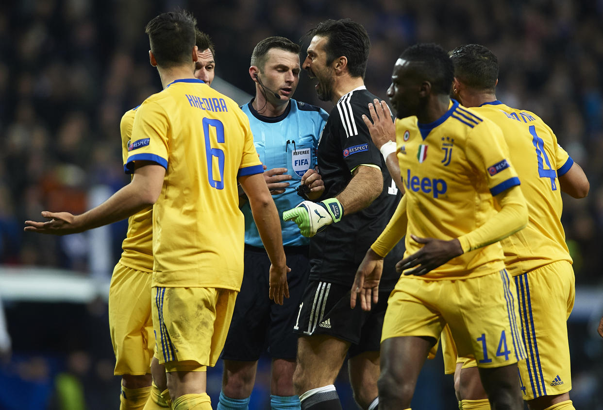 Juventus goalkeeper Gianluigi Buffon was given a red card for his protests of Michael Oliver’s decision to award Real Madrid a late penalty. (Getty)