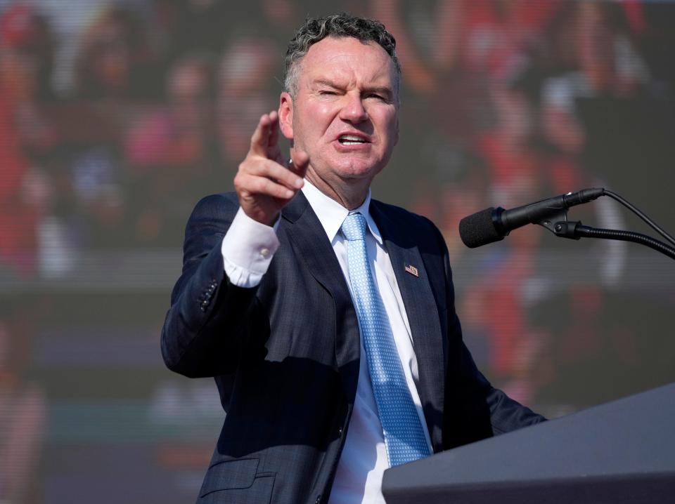 Republican candidate for governor Tim Michels speaks as former President Donald Trump held a campaign rally for Michels at the Waukesha County Fairgrounds in Waukesha on Friday, Aug. 5, 2022.