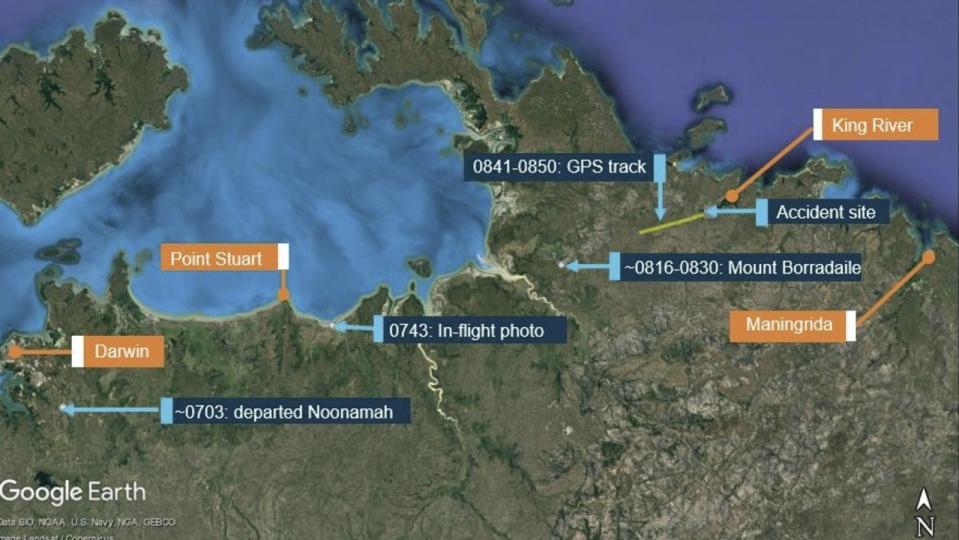 A map showing key locations and times of the fatal crash. Picture: Supplied / ATSB