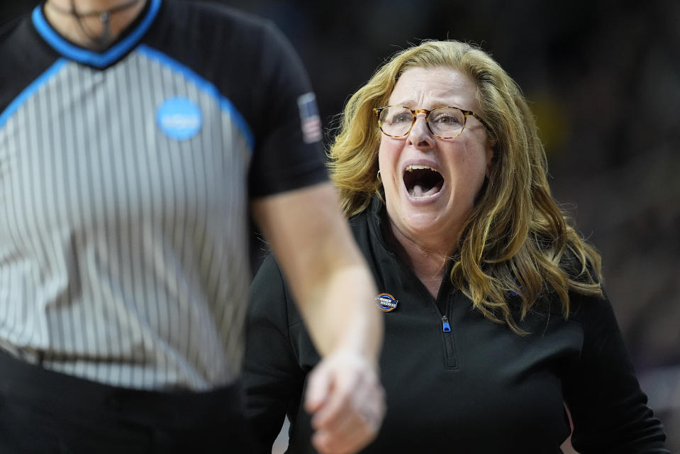 UCLA head coach Cori Close reacts during the second quarter of a Sweet Sixteen round college basketball game against the LSU during the NCAA Tournament, Saturday, March 30, 2024, in Albany, N.Y. (AP Photo/Mary Altaffer)