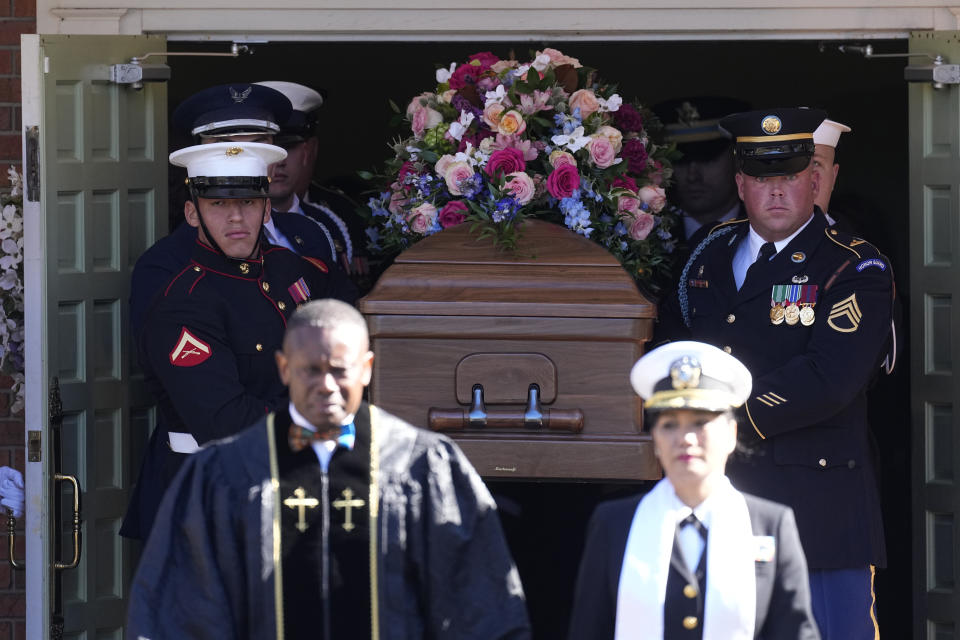 An Armed Forces body bearer team carries the casket after the funeral service for former first lady Rosalynn Carter at Maranatha Baptist Church, Wednesday, Nov. 29, 2023, in Plains, Ga. The former first lady died on Nov. 19. She was 96. (AP Photo/John Bazemore)