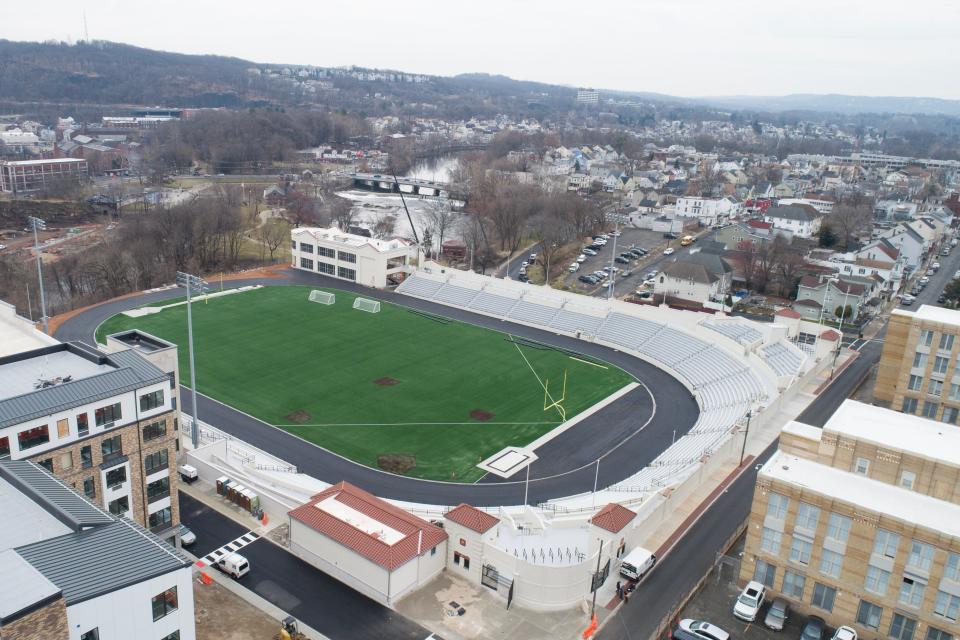 Hinchliffe Stadium is near completion after decades of neglect. Aerial photos taken in Paterson, NJ on Thursday March 23, 2023. 