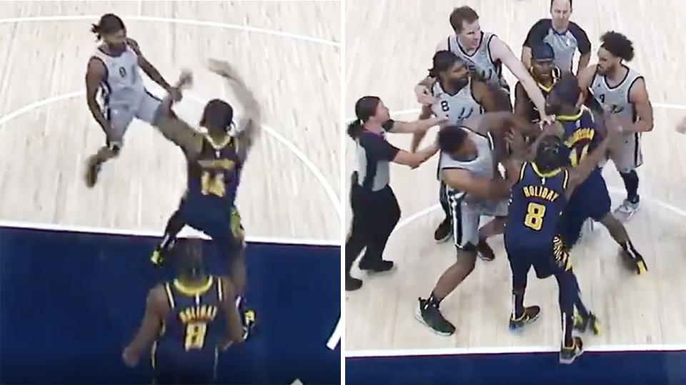 Patty Mills confronted Indiana big man JaKarr Sampson after he was shoved by the fired up Pacer. Picture: FS Indiana 