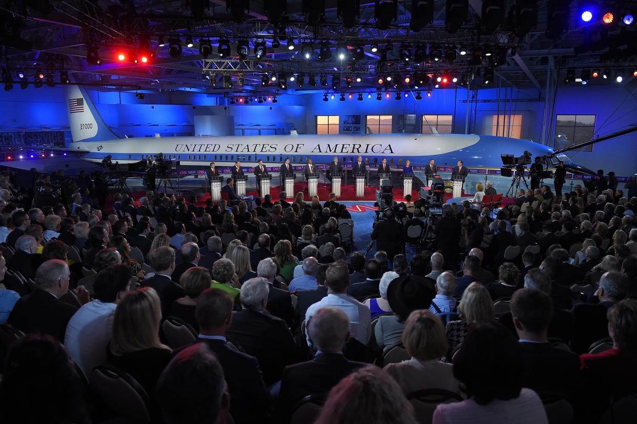 In this Sept. 16, 2015, file photo, the GOP presidential candidates debate in September 2015.