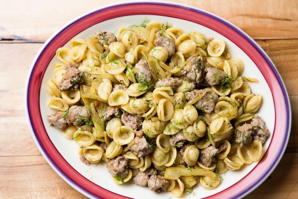 Be sure to add the sausage just before the last toss to maintain all those delicious crispy bits. <a href="https://www.epicurious.com/recipes/food/views/3-ingredient-orecchiette-with-sausage-and-fennel?mbid=synd_yahoo_rss" rel="nofollow noopener" target="_blank" data-ylk="slk:See recipe." class="link rapid-noclick-resp">See recipe.</a>