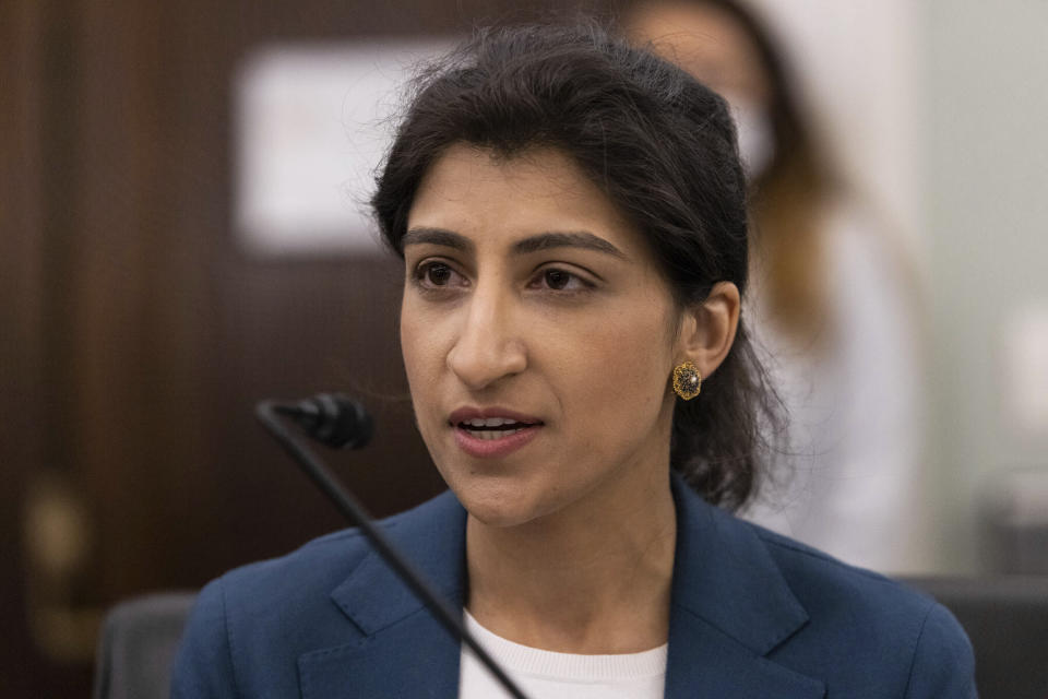 FILE - In this April 21, 2021, file photo, Lina Khan, nominee for Commissioner of the Federal Trade Commission (FTC), speaks during a Senate Committee on Commerce, Science, and Transportation confirmation hearing on Capitol Hill in Washington. Facebook on Wednesday, July 14 2021, is asking that Khan, the new head of the Federal Trade Commission, step away from antitrust investigations into the social network giant, asserting that her past public criticism of the company’s market power makes it impossible for her to be impartial. (Graeme Jennings/Pool Washington via AP, Pool, File)