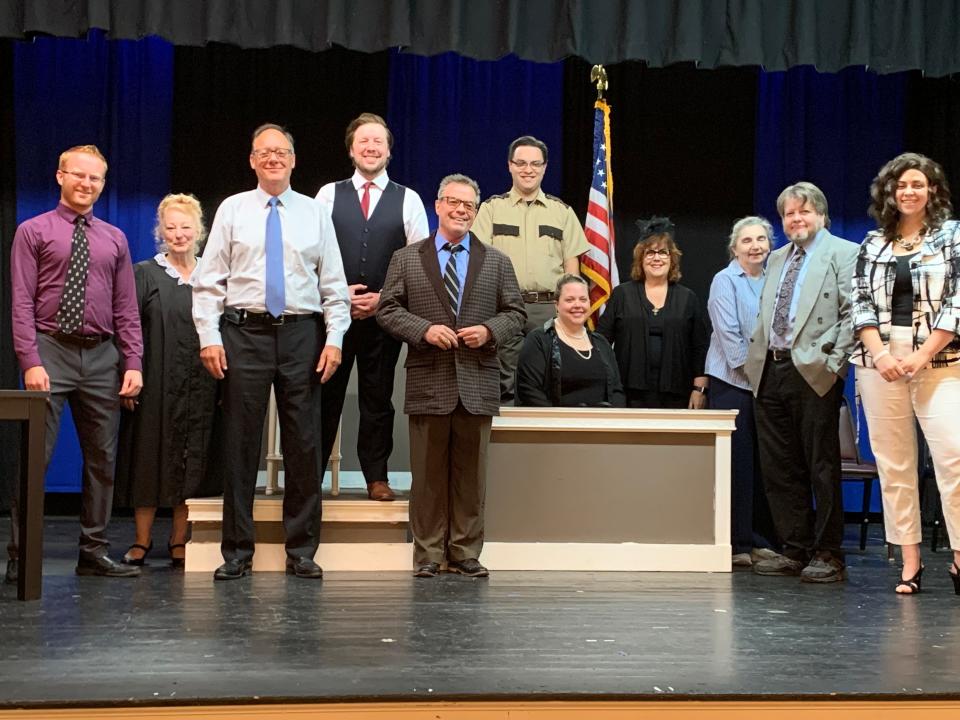 The court room drama "Night of January 16th" is the upcoming production of North River Theatre in Norwell. Cast members include, from left, Conor Hawley, Karen Wadland, William A. Benjamin, Matthew Sherman, Brian Hurley, Sam Groll, Jamie Poskitt, MJ Brennan Sangiolo, Carolyn Cafarelli, Stephen Doherty, Jordan Bagge.