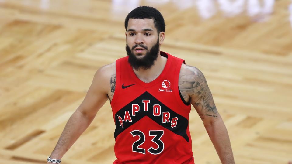 Toronto Raptors' Fred VanVleet plays against the Boston Celtics during the second half of an NBA basketball game, Thursday, Feb. 11, 2021, in Boston. (AP Photo/Michael Dwyer)