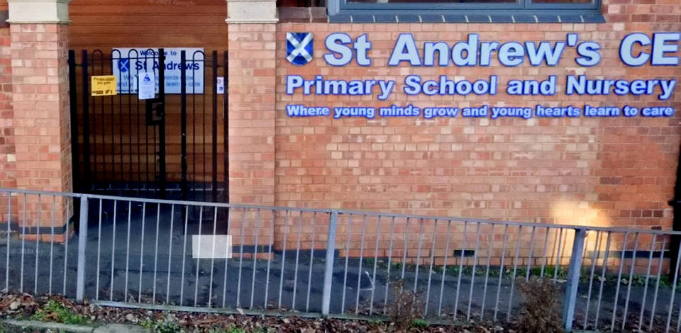 Google street view of St Andrew's CofE Primary School, Kettering.  A Kettering school has apologised after employees accidentally broadcast a conversation about how potentially helping with a young pupil's tracheostomy made them feel sick.  See SWNS story SWMDschool.  Three workers at St Andrew's CofE Primary School didn't realise they were inadvertently recording themselves on Facebook Live when they made several comments about six-year-old Willow Musgrave.  In the video, in which Willow was audibly named and has since been viewed 12,000 times online, one worker said: 