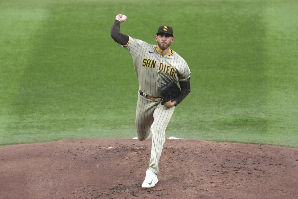 San Diego Padres starting pitcher Joe Musgrove works against the Toronto Blue Jays during the first inning of a baseball game Tuesday, July 18, 2023, in Toronto. (Chris Young/The Canadian Press via AP)