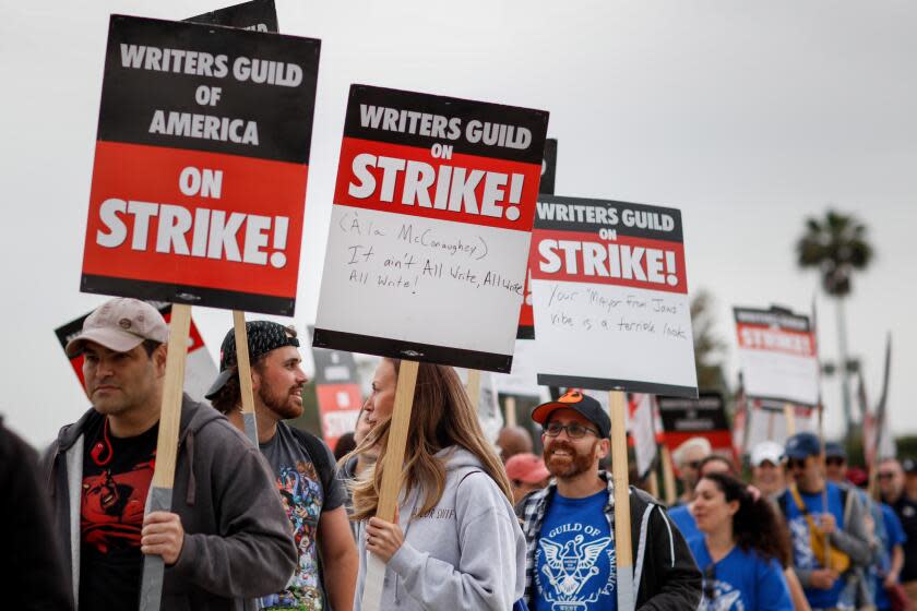 Studio City, CA - May 09: Supporters of the Writer's Guild of America strike, picket along Colfax Avenue, at Radford Studios Center, in Studio City, CA, Tuesday, May 9, 2023. (Jay L. Clendenin / Los Angeles Times)