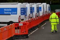 FILE PHOTO: Coronavirus disease (COVID-19) mobile testing vehicles are seen parked at a depot in London, Britain