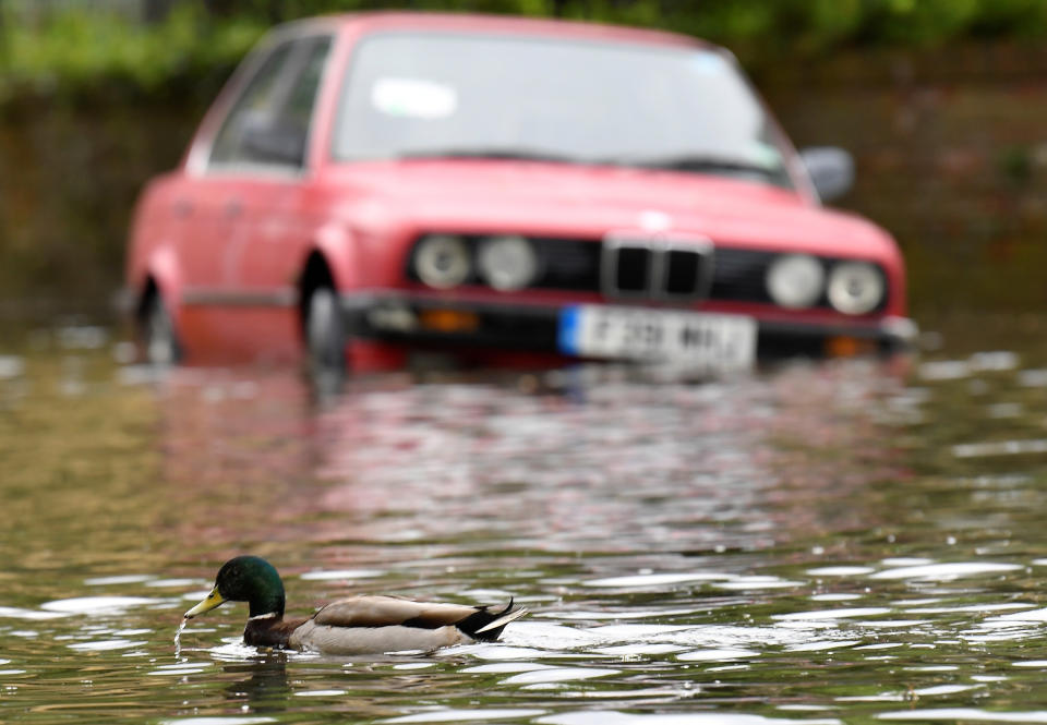 A duck paddles past a car parked along a flooded street adjacent to the Thames after the river burst its banks following heavy rain in London, Britain, April 30, 2018. REUTERS/Toby Melville