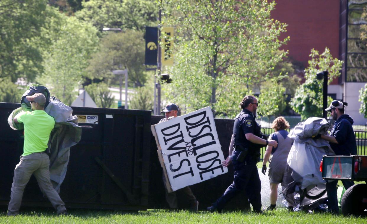 The beginnings of an encampment protesting the Israel-Hamas war was cleared Monday, May 6, 2024 at Hubbard Park on the University of Iowa campus in Iowa City, Iowa.