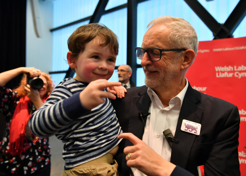 Labour Leader Jeremy Corbyn with three years old Noa Williams Roberts after addressing a members' rally at Bangor University, while on the General Election campaign trail in Wales.