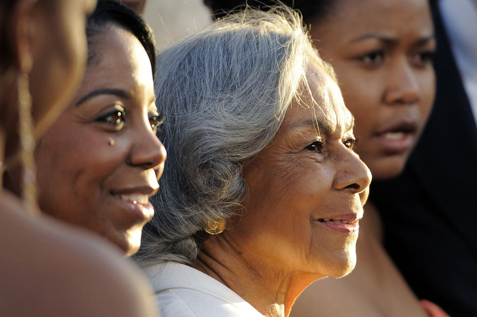 Rachel Robinson, second from right, widow of the late baseball legend Jackie Robinson, poses with family members at the Los Angeles premiere of "42" at the TCL Chinese Theater on Tuesday, April 9, 2013 in Los Angeles. (Photo by Chris Pizzello/Invision/AP)