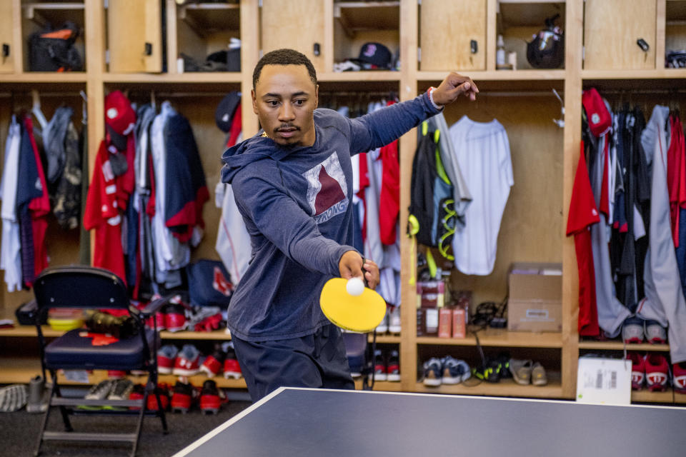 FT. MYERS, FL - MARCH 8: Mookie Betts #50 of the Boston Red Sox plays ping pong in the clubhouse before a team workout on March 8, 2017 at Fenway South in Fort Myers, Florida . (Photo by Billie Weiss/Boston Red Sox/Getty Images)