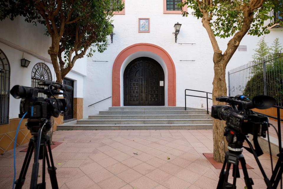 Images of the façade of the church where the confinement continues, on August 29, 2023, in Motril, Granada, (Andalusia, Spain). The confinement of Rubiales' mother continues after her first night in a parish church in Motril (Granada). AUGUST 29;2023 Álex Cámara / Europa Press 08/29/2023 (Europa Press via AP)