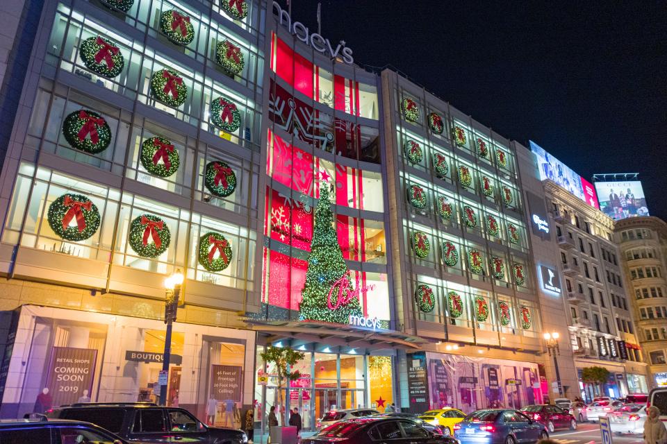 Night view of brightly illuminated facade of the flagship Macy's department store on Union Square in San Francisco, California on Christmas day, December 25, 2018. (Photo by Smith Collection/Gado/Getty Images)