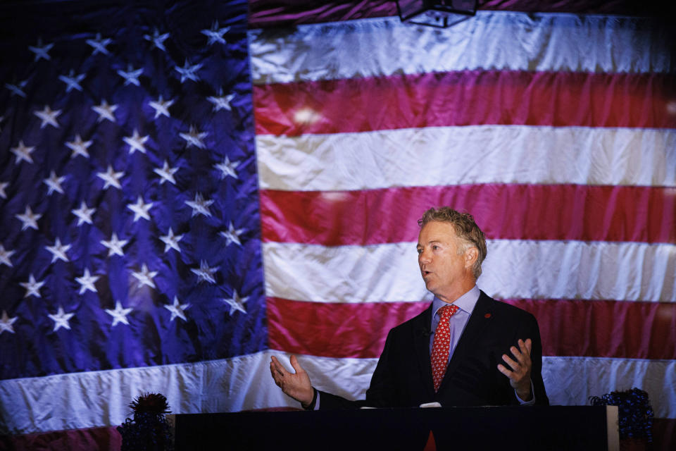 Sen. Rand Paul, R-Ky, gives a victory speech at the Bowling Green Country Club after defeating Democratic candidate Charles Booker, Tuesday, Nov. 8, 2022, in Bowling Green, Ky. (AP Photo/Michael Clubb)