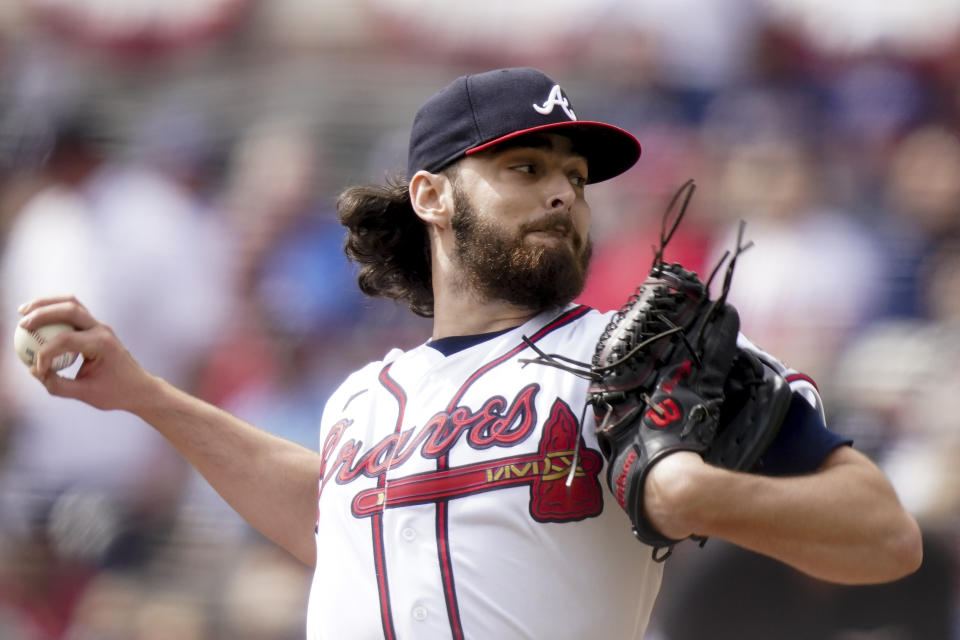 Atlanta Braves starting pitcher Ian Anderson (36) works against the Milwaukee Brewers during the first inning of Game 3 of a baseball National League Division Series, Monday, Oct. 11, 2021, in Atlanta. (AP Photo/Brynn Anderson)