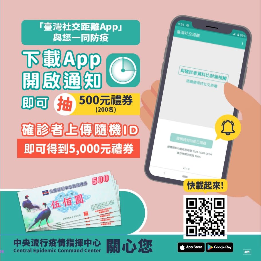 中央流行疫情指揮中心14日表示，「台灣社交距離App」已上架，鼓勵全民下載使用。(指揮中心提供)