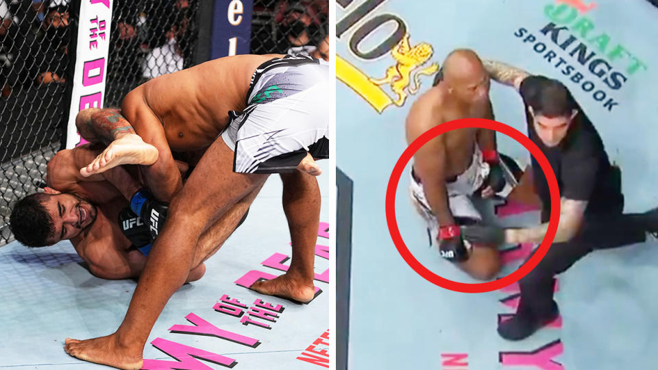 Jacare Souza (pictured right) with the referee after his arm was snapped (pictured left) by Andre Muniz.