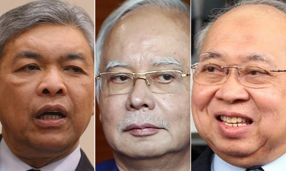 (from left) Umno president Ahmad Zahid Hamidi, ex-PM Najib Abdul Razak and Gua Musang MP Tengku Razaleigh Hamzah