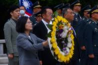Taiwan President Tsai Ing-wen pays tribute to the fallen soldiers during a ceremony commemorating the 65th anniversary of the Second Taiwan Strait Crisis, in Kinmen