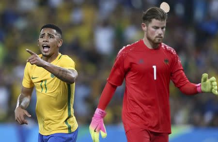 2016 Rio Olympics - Soccer - Final - Men's Football Tournament Gold Medal Match Brazil vs Germany - Maracana - Rio de Janeiro, Brazil - 20/08/2016. Gabriel Jesus (BRA) of Brazil reacts. REUTERS/Marcos Brindicci