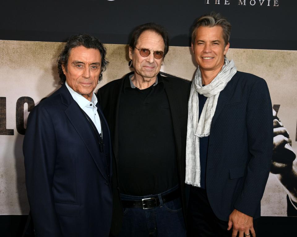 Ian McShane, David Milch and Timothy Olyphant, left to right, arrive at the premiere of HBO's "Deadwood" at The Cinerama Dome on May 14, 2019, in Los Angeles.