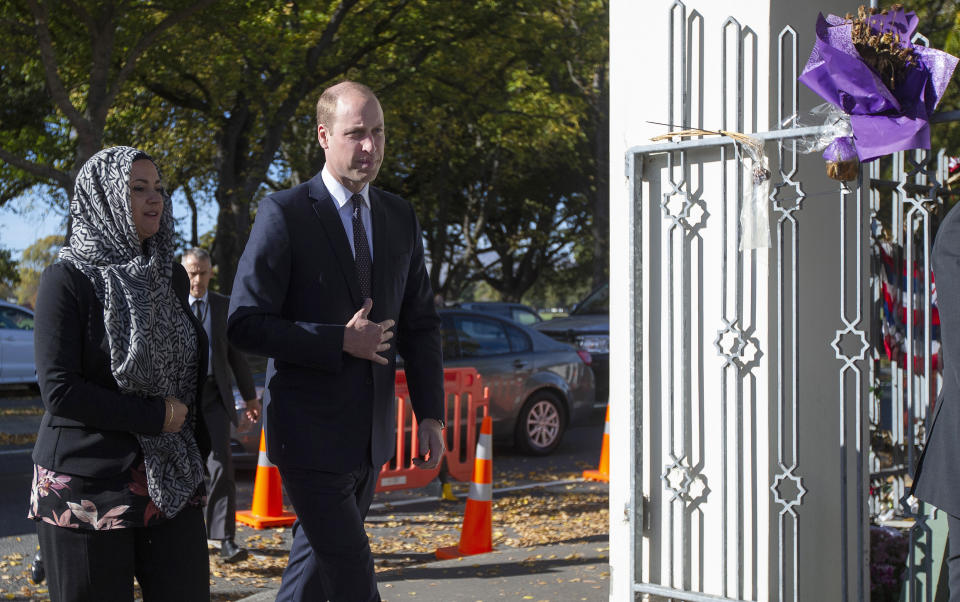 Britain's Prince William, right, arrives at the Al Noor mosque in Christchurch, New Zealand, Friday, April 26, 2019. Prince William visited the one of the mosques where 50 people were killed and 50 others wounded in a March 15 attack by a white supremacist. (Joseph Johnson/Pool Photo via AP)