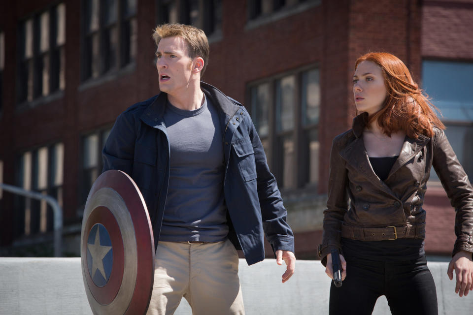 captain america and black widow looking at something