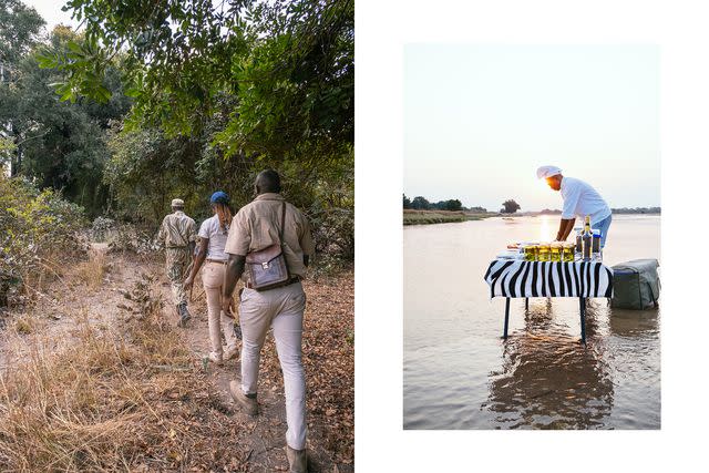<p>Khadija Farah</p> From left: Setting off through the bush on a nature walk at Mfuwe, a Bushcamp Company lodge in South Luangwa; at Kapamba, sundowners are served midstream in the Luangwa River.