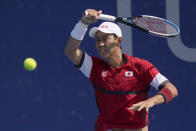 Kei Nishikori, of Japan, plays Ilya Ivashka, of Belarus, during the third round of the tennis competition at the 2020 Summer Olympics, Wednesday, July 28, 2021, in Tokyo, Japan. (AP Photo/Seth Wenig)