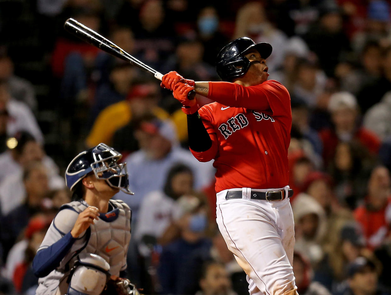 Rafael Devers #11 of the Boston Red Sox is a top fantasy corner infielder