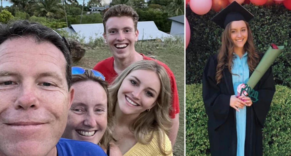 Lilie James with her dad, mum and older brother. Right is Lilie James at her high school graduation. 