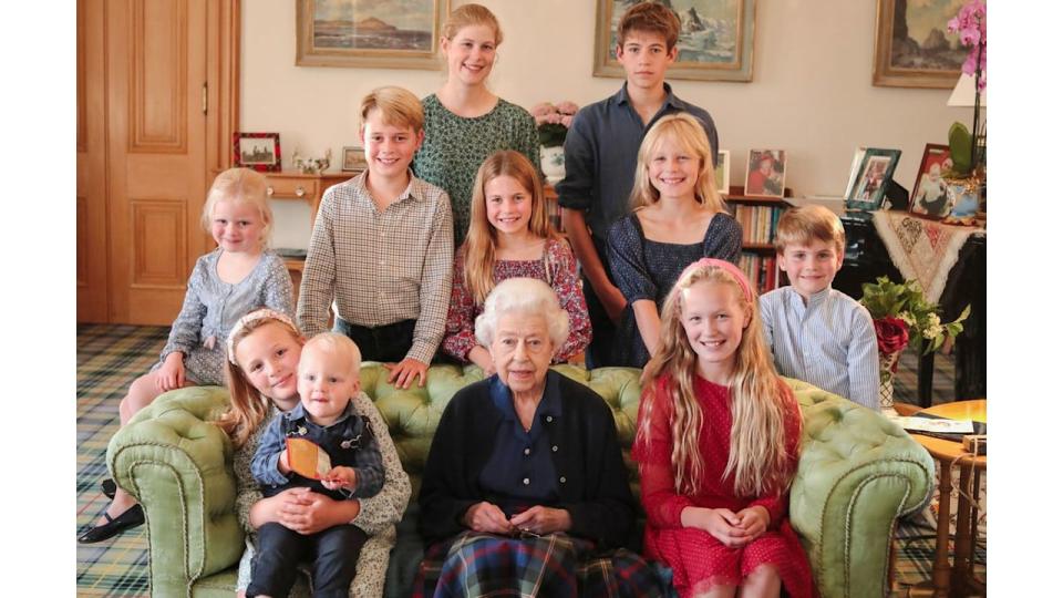 The Queen with some of her grandchildren and great grandchildren (back row, left to right) Lady Louise Windsor Mountbatten-Windsor and James, Prince Edward, (middle row, left to right) Lena Elizabeth Tindall, Prince George, Princess Charlotte, Isla Phillips, Prince Louis, and (front row, left to right) Mia Grace Tindall holding Lucas Tindall, Queen Elizabeth II and Savannah Phillips